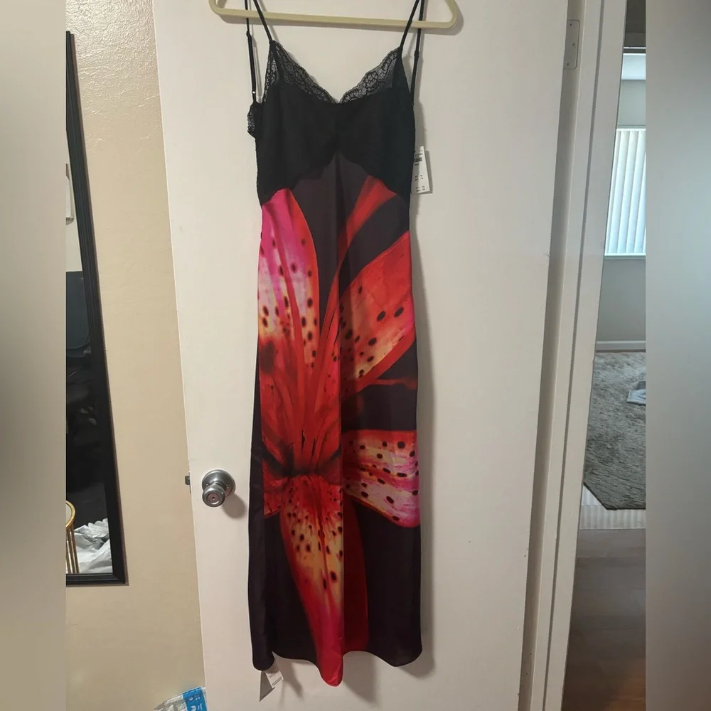 Abercrombie & Fitch Black Slip Maxi Dress with Red Floral Print